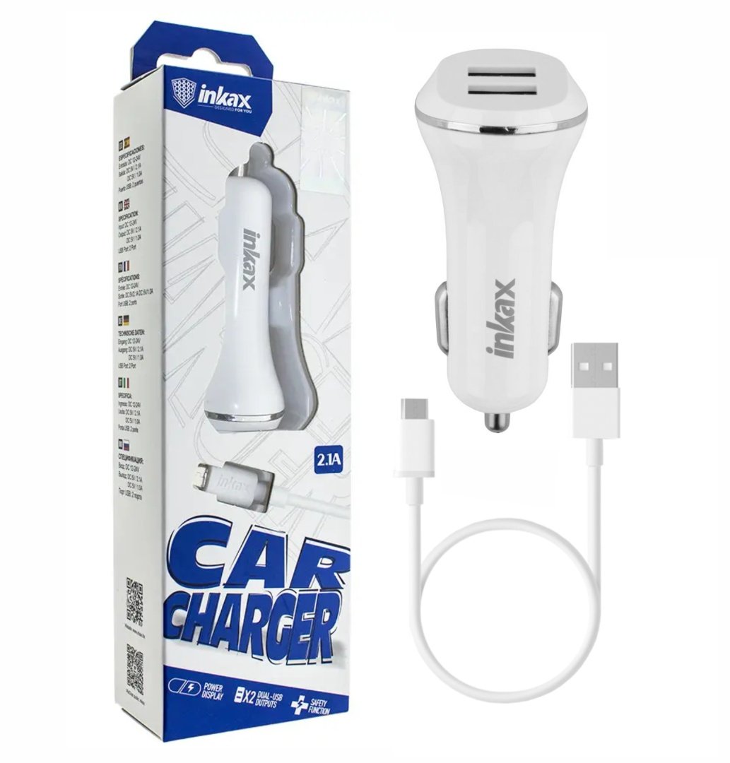Cargador Auto Inkax Dual USB 2.1A Cable Micro USB Blanco